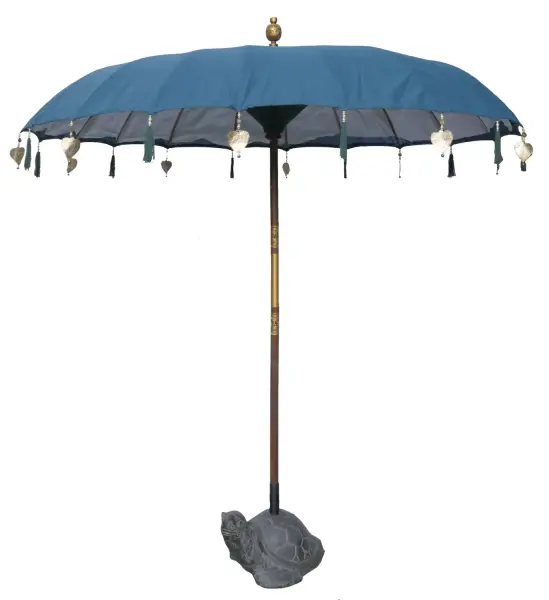 Product image 1 of the product “Bali umbrella , blue 2 with wooden coins and gold leaves hanging around the edge. Approx. 230cm dia. and 250cm height ”